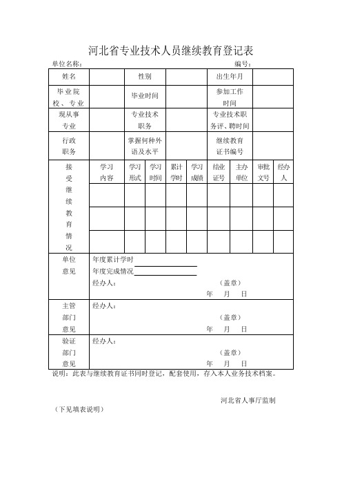 河北省专业技术人员继续教育登记表