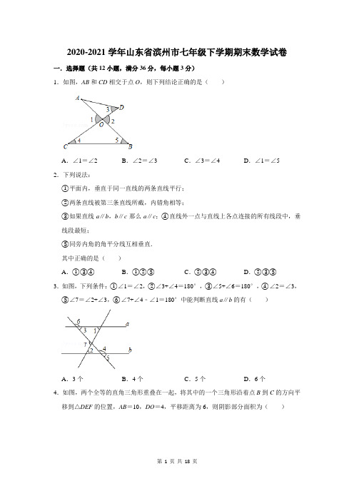 山东省滨州市七年级下学期期末数学试卷及答案解析