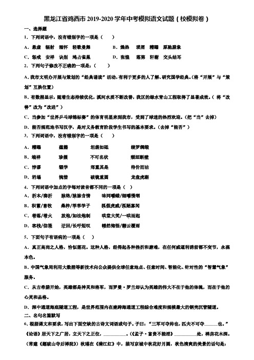 黑龙江省鸡西市2019-2020学年中考模拟语文试题(校模拟卷)含解析