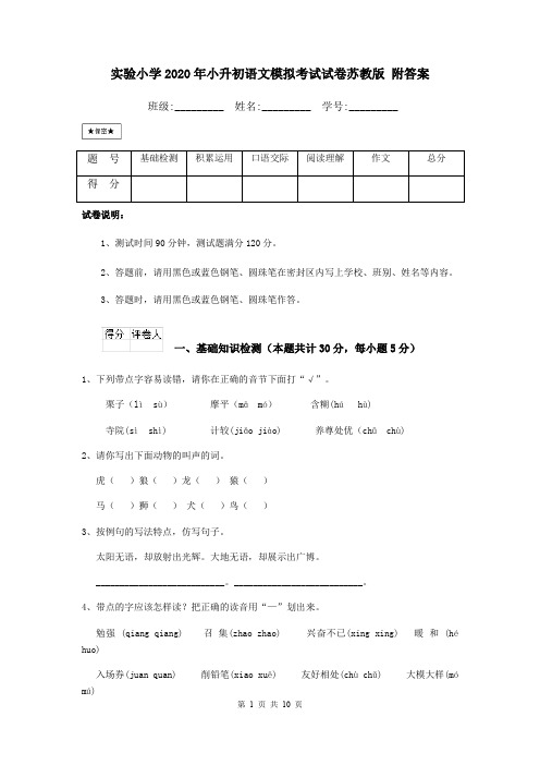 实验小学2020年小升初语文模拟考试试卷苏教版 附答案