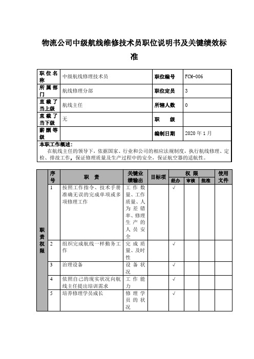 物流公司中级航线维修技术员职位说明书及关键绩效标准