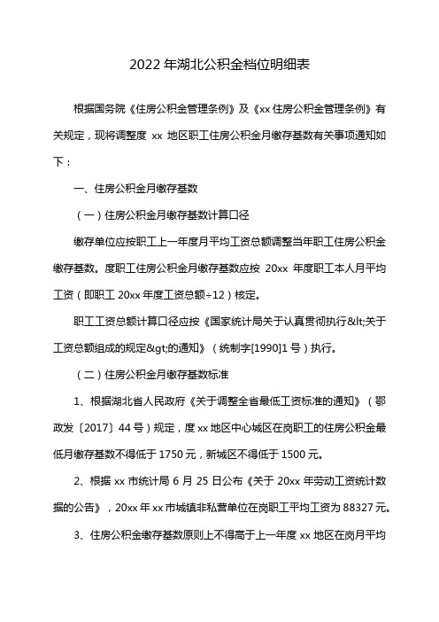 2022年湖北公积金档位明细表