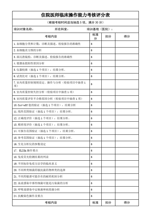 住院医师临床操作能力考核评分表(医院检验科表格)