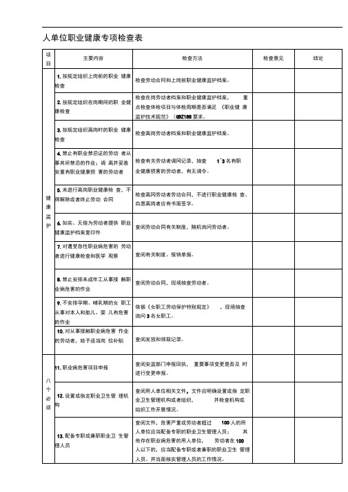 人单位职业健康专项检查表