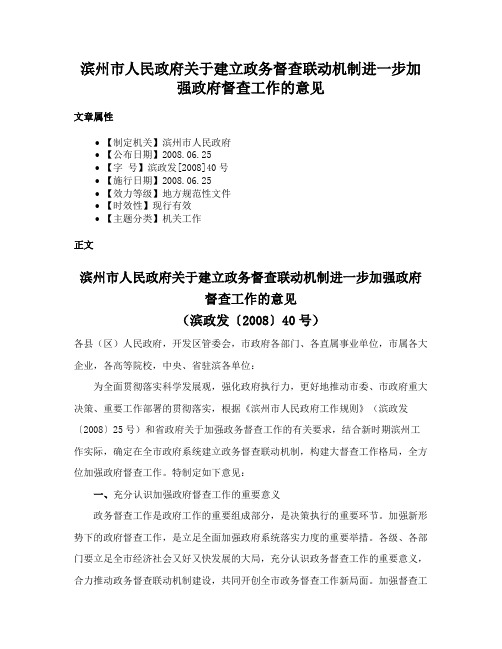 滨州市人民政府关于建立政务督查联动机制进一步加强政府督查工作的意见