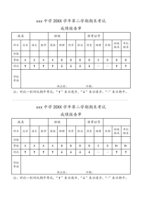 中学生期末成绩单