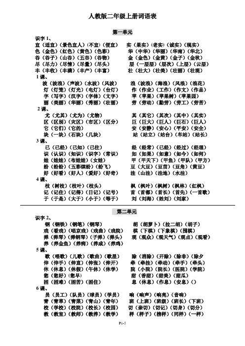 人教版小学语文二年级上册词语表