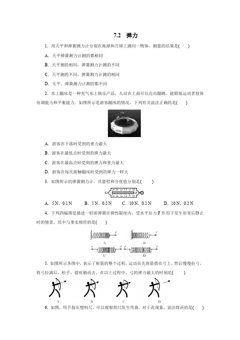 人教版八年级物理下册7.2 弹力 同步测试(包含答案)