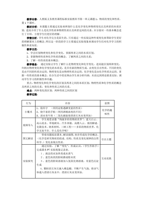 人教版义务教育课程标准实验教科书第一单元课题1：《物质的变化和性质》教学设计