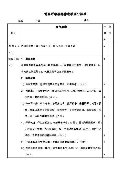 简易呼吸器操作考核评分标准