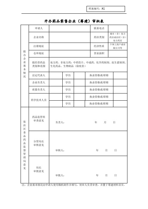 开办药品零售企业(筹建)审批表