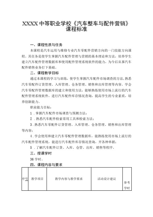 中等职业学校《汽车整车与配件营销》课程标准