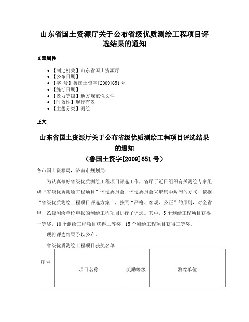 山东省国土资源厅关于公布省级优质测绘工程项目评选结果的通知