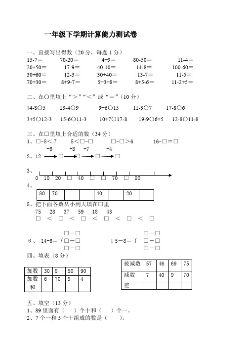 小学一年级数学下学期计算能力比赛