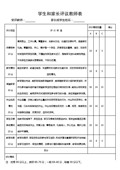 学生和家长对教师评价表