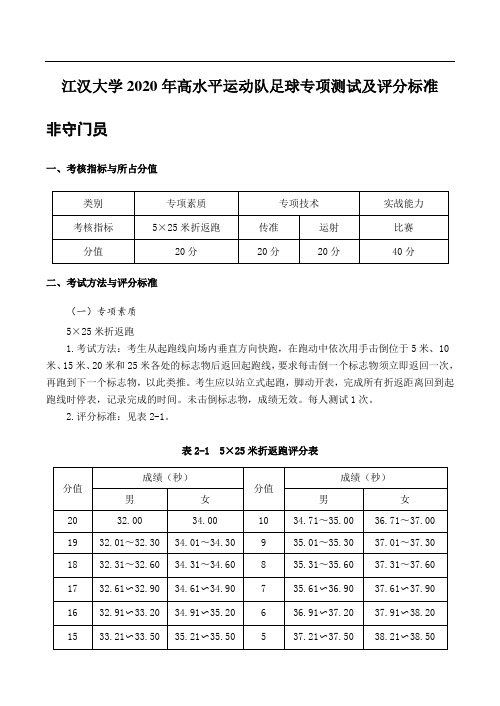 江汉大学2020年高水平运动队足球专项测试及评分标准非守门员