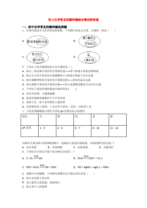 初三化学常见的酸和碱综合测试附答案