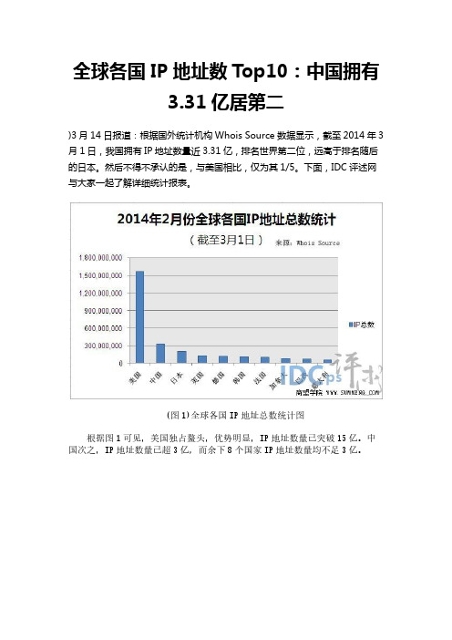 全球各国IP地址数Top10：中国拥有3.31亿居第二