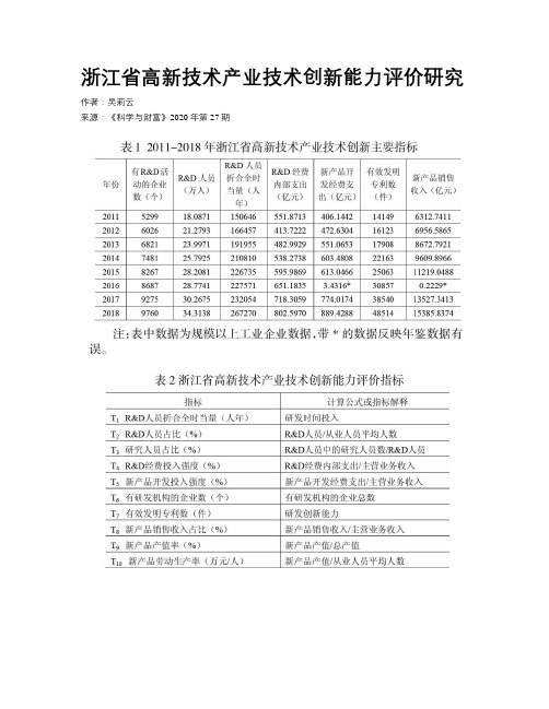 浙江省高新技术产业技术创新能力评价研究