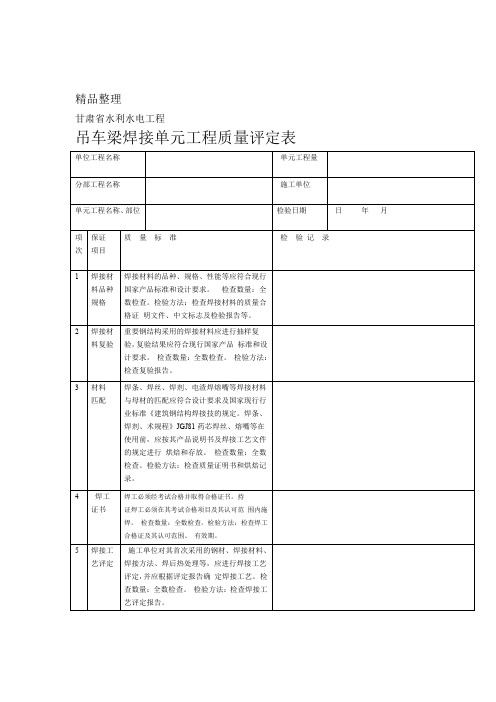 吊车梁制作单元工程质量评定表