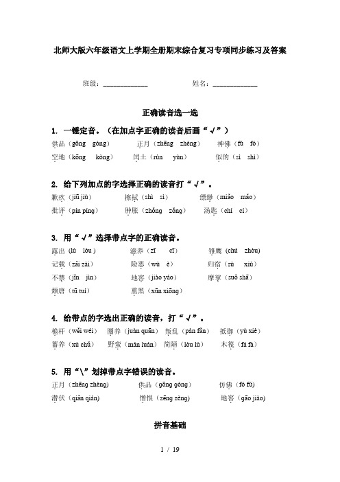 北师大版六年级语文上学期全册期末综合复习专项同步练习及答案