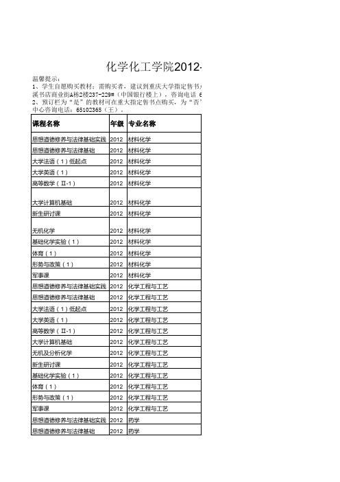 大一新生教材清单--化学化工学院