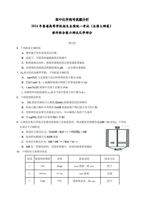 (大纲版)2014年高考真题理科综合(化学部分)试题