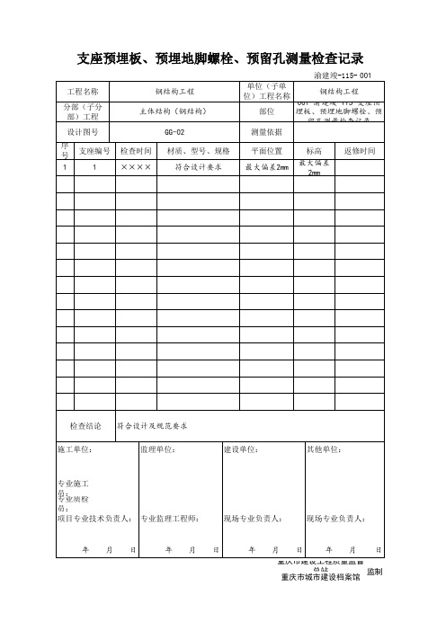 001-渝建竣-115 支座预埋板、预埋地脚螺栓、预留孔测量检查记录