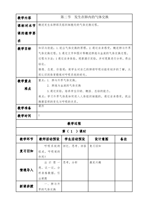 3.2第二节  发生在肺内的气体交换生物教案