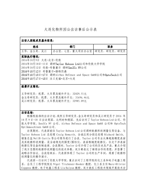 大连化物所因公出访事后公示表
