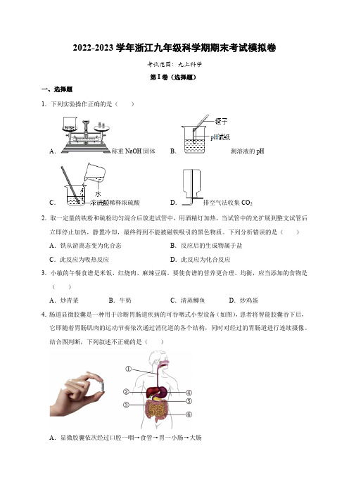 2023-2024学年浙江九年级科学期期末考试模拟卷 (原卷版)