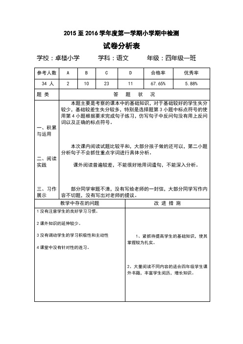 四年级一班语文试卷分析表