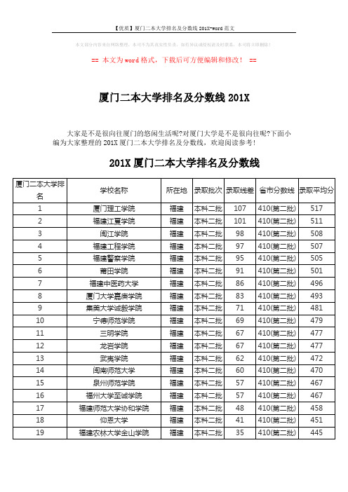 【优质】厦门二本大学排名及分数线201X-word范文 (3页)