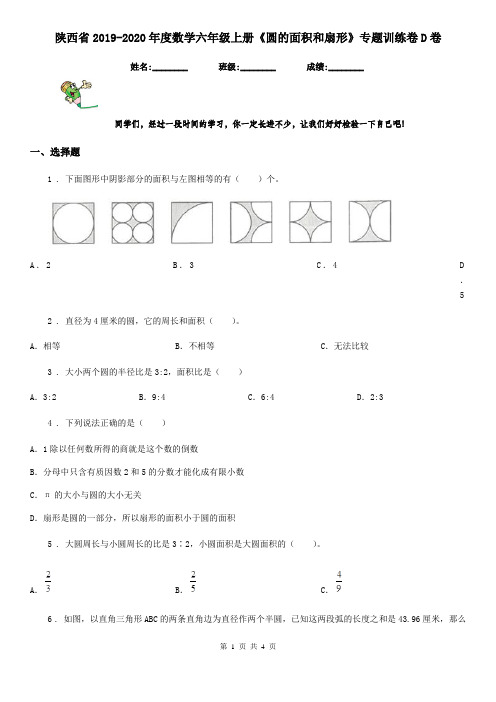 陕西省2019-2020年度数学六年级上册《圆的面积和扇形》专题训练卷D卷