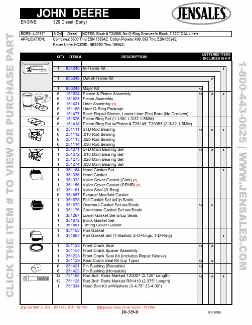约翰德尔329型号6缸柴油引擎部件说明书