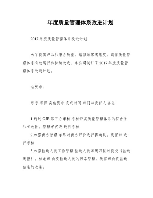 年度质量管理体系改进计划