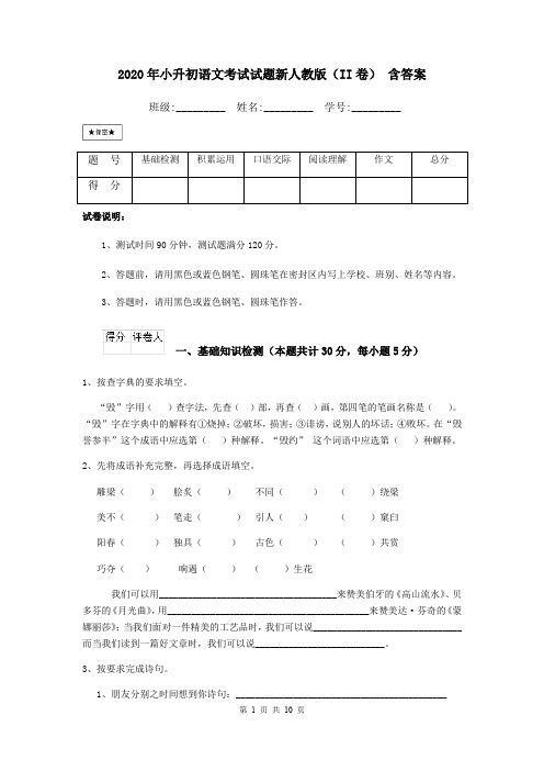 2020年小升初语文考试试题新人教版(II卷) 含答案