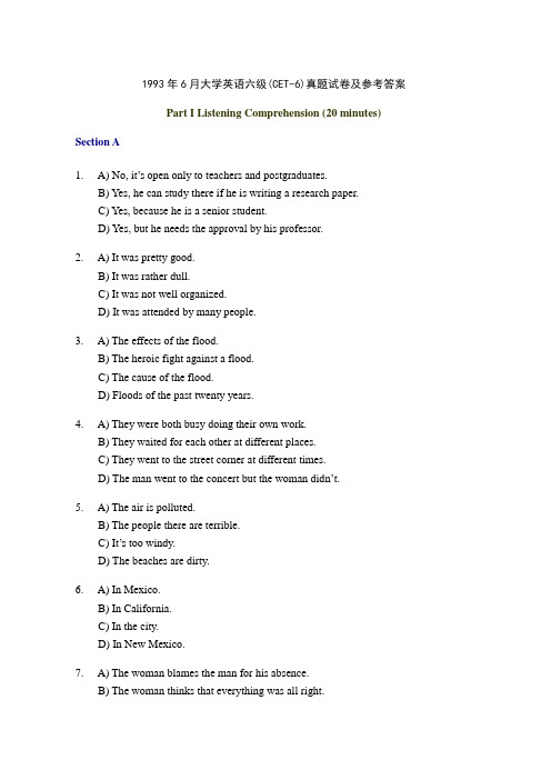 1993年6月大学英语六级(CET-6)真题试卷及参考答案