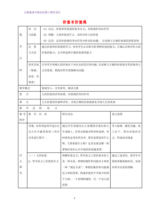 高中政治必修4教学设计7：12.1 价值与价值观优质教案