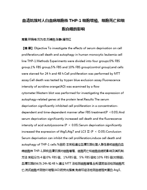 血清饥饿对人白血病细胞株THP-1细胞增殖、细胞死亡和细胞自噬的影响