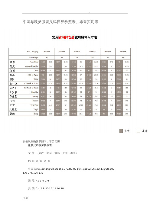 我国和欧美服装尺码换算参照表