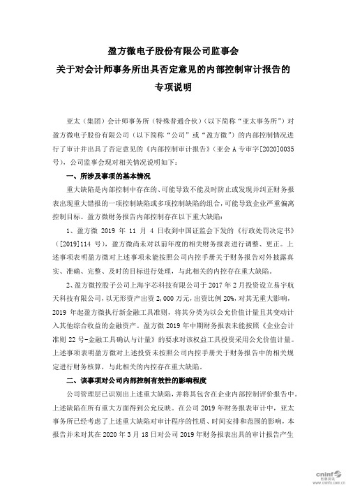 盈方：监事会关于对会计师事务所出具否定意见的内部控制审计报告的专项说明