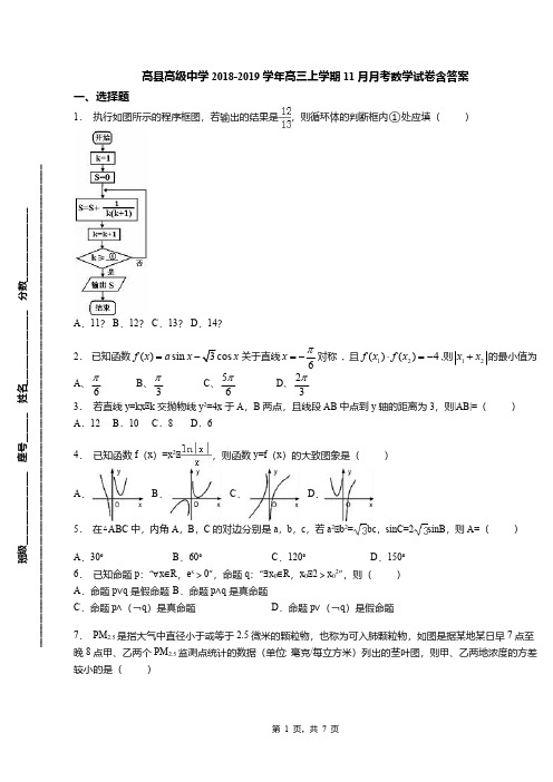 高县高级中学2018-2019学年高三上学期11月月考数学试卷含答案