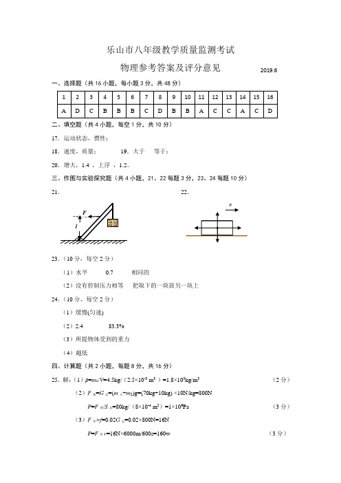 2019年乐山市八年级教学质量检测物理答案