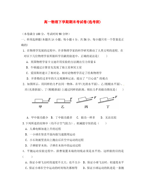 浙江省乐清市芙蓉中学2020学年高一物理下学期期末考试试题(选考班)(无答案)