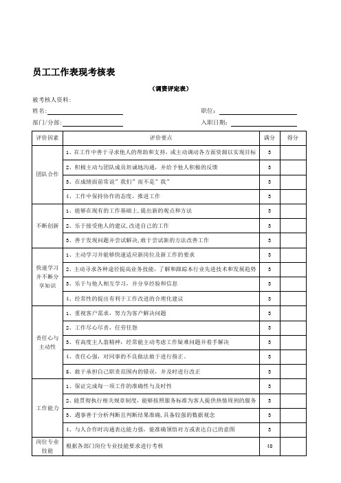 员工工作表现考核表