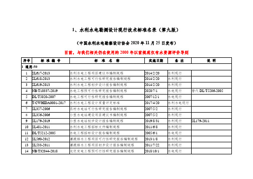 水利水电勘测设计现行技术标准名录(第九版)