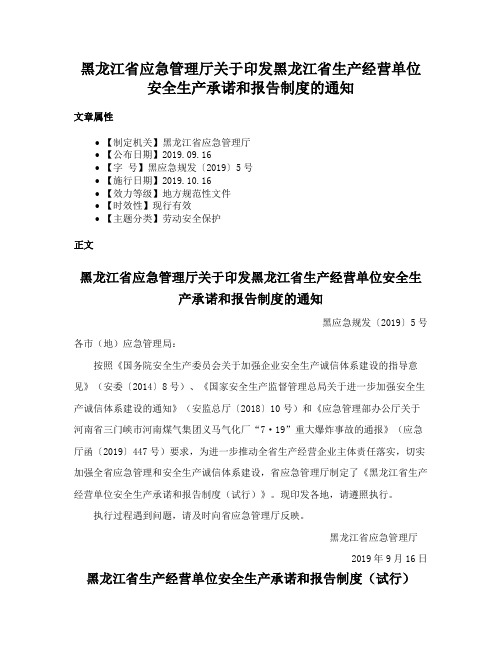 黑龙江省应急管理厅关于印发黑龙江省生产经营单位安全生产承诺和报告制度的通知