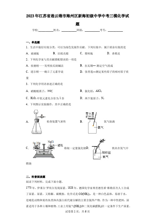 2023年江苏省连云港市海州区新海初级中学中考三模化学试题(含答案)