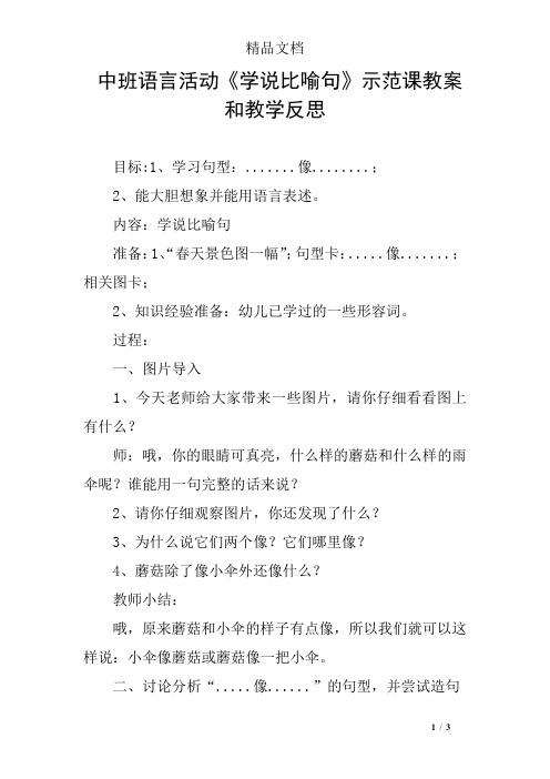 中班语言活动《学说比喻句》示范课教案和教学反思